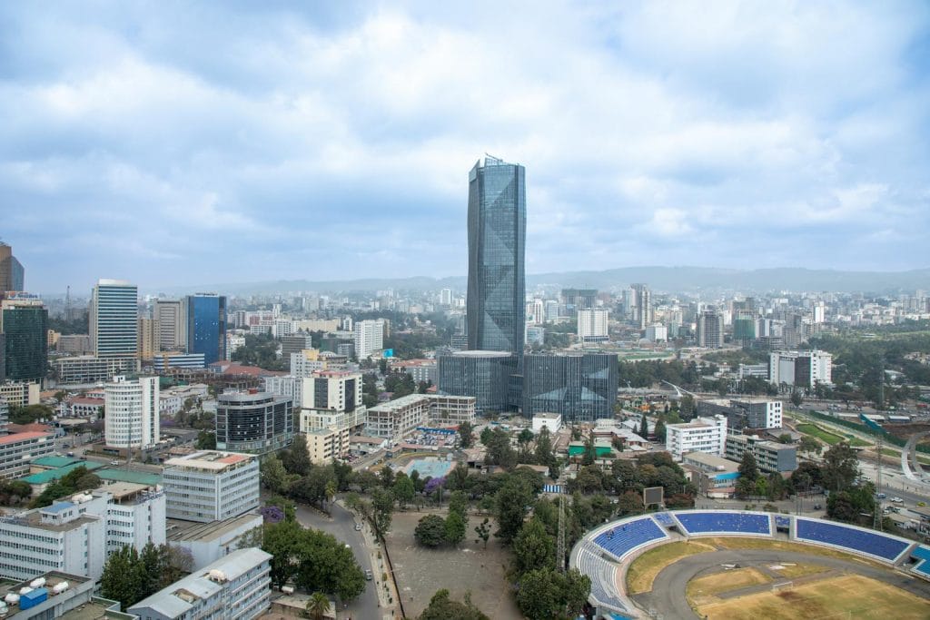 Stunning aerial view of the Addis Ababa skyline featuring a prominent skyscraper.